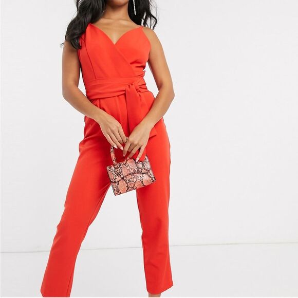 NWT ASOS Wrap Front Peg Leg Jumpsuit With Self Belt Tomato Red Size 8 US 12 UK - Picture 6 of 14